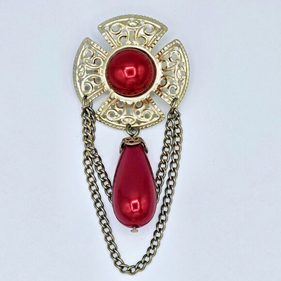 Victorian Revival Brooch Red Faux Draping Dangle Swag Chain Estate Jewelry Pin - Picture 6 of 9
